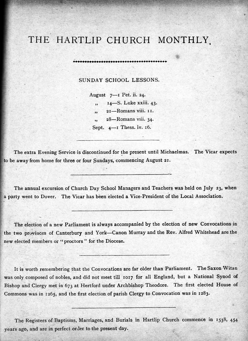 Parish Magazine page number 1 for Aug 1892