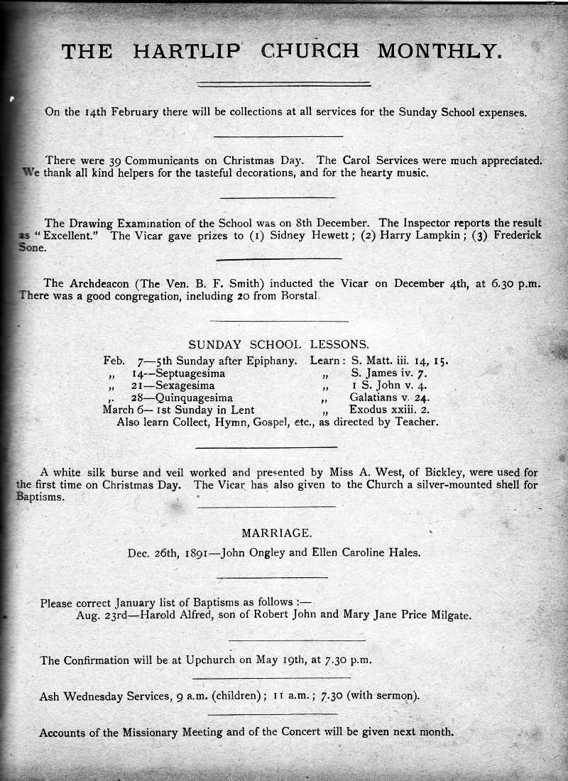 Parish Magazine page number 1 for Feb 1892