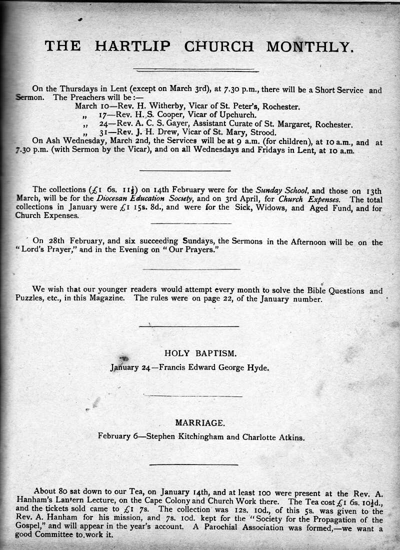 Parish Magazine page number 1 for Mar 1892