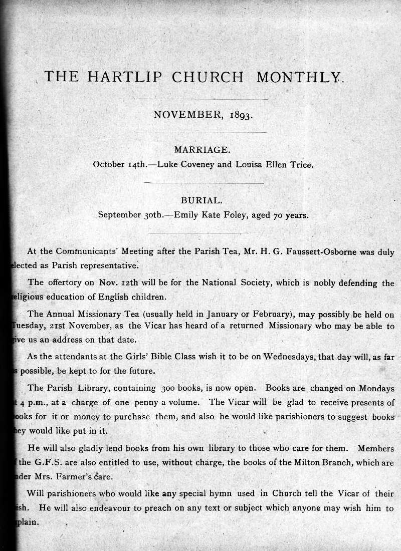 Parish Magazine page number 1 for Nov 1893