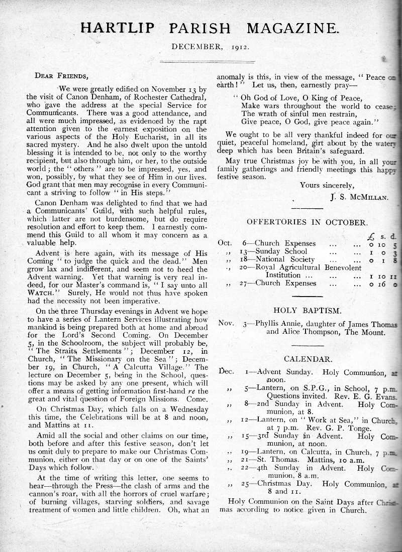 Parish Magazine page number 2 for Dec 1912