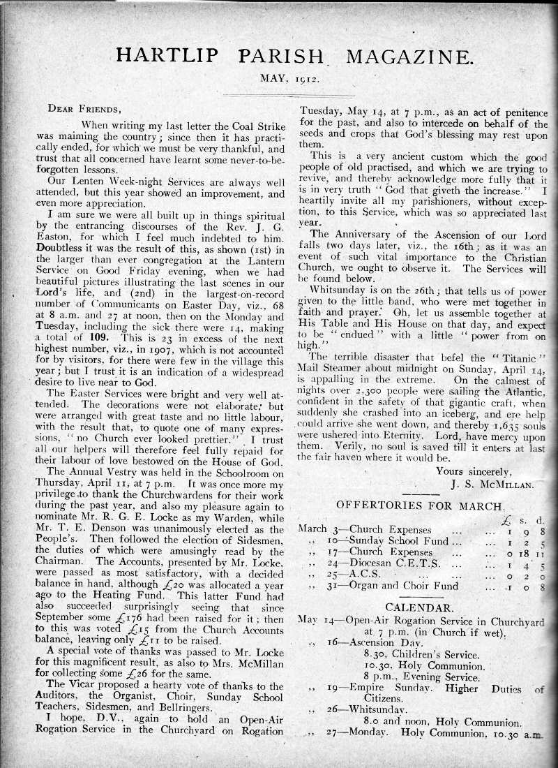 Parish Magazine page number 2 for May 1912