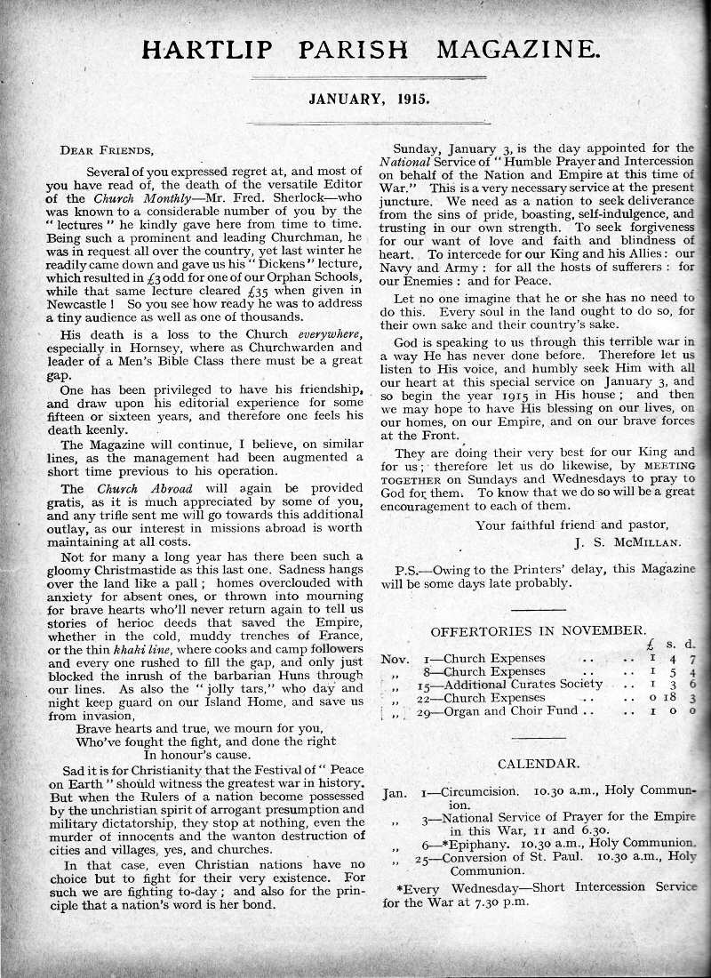 Parish Magazine page number 2 for Jan 1915