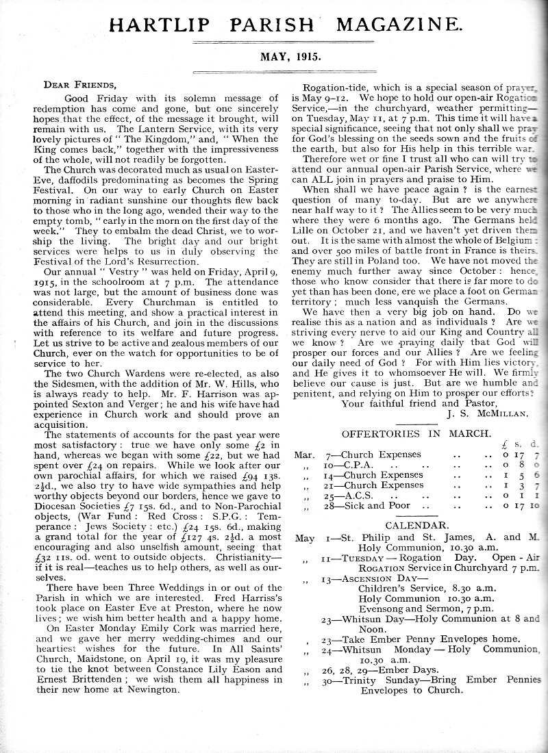 Parish Magazine page number 2 for May 1915
