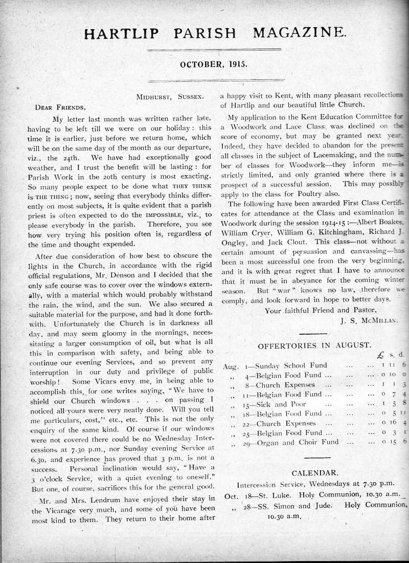 Parish Magazine page number 2 for Oct 1915