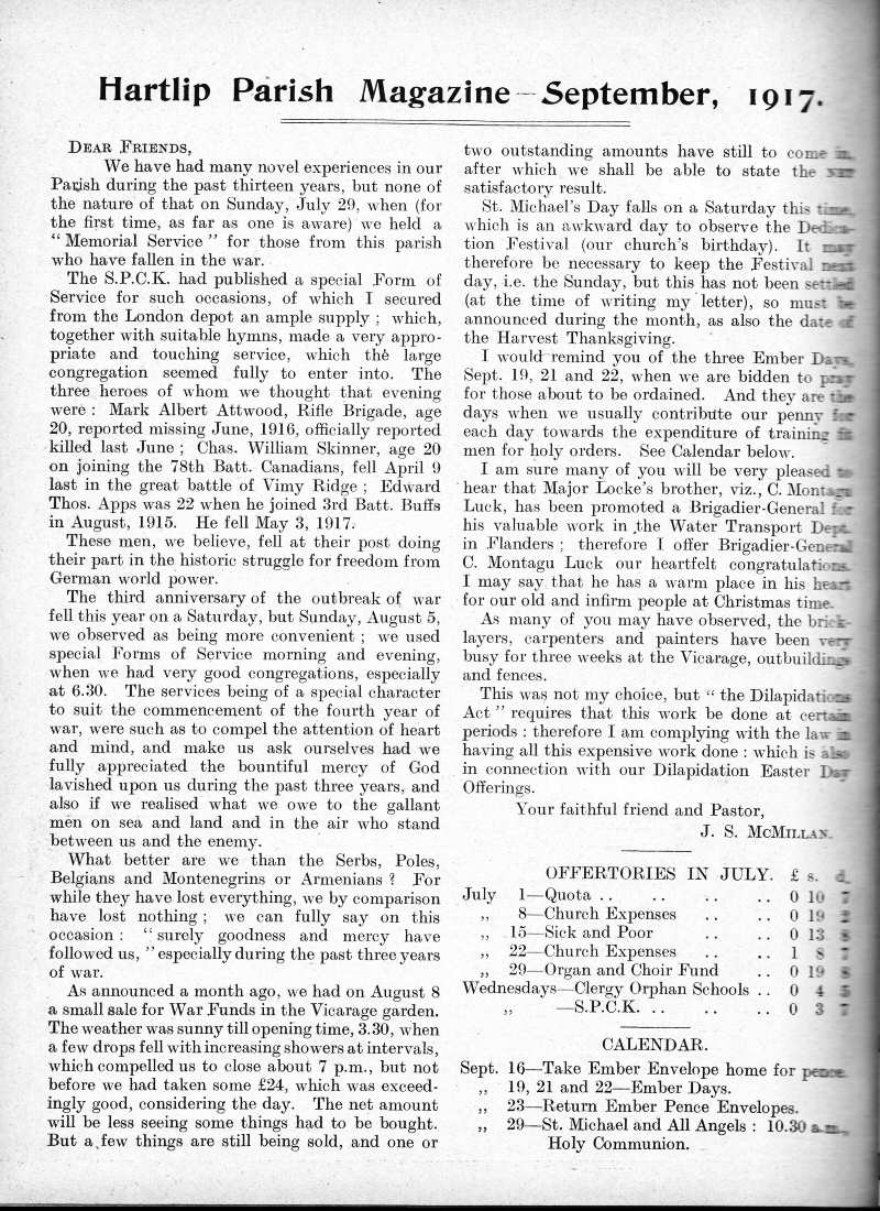 Parish Magazine page number 2 for Sep 1917