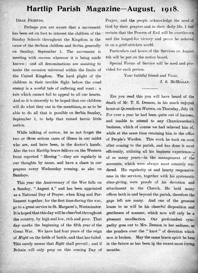 Parish Magazine page number 2 for Aug 1918