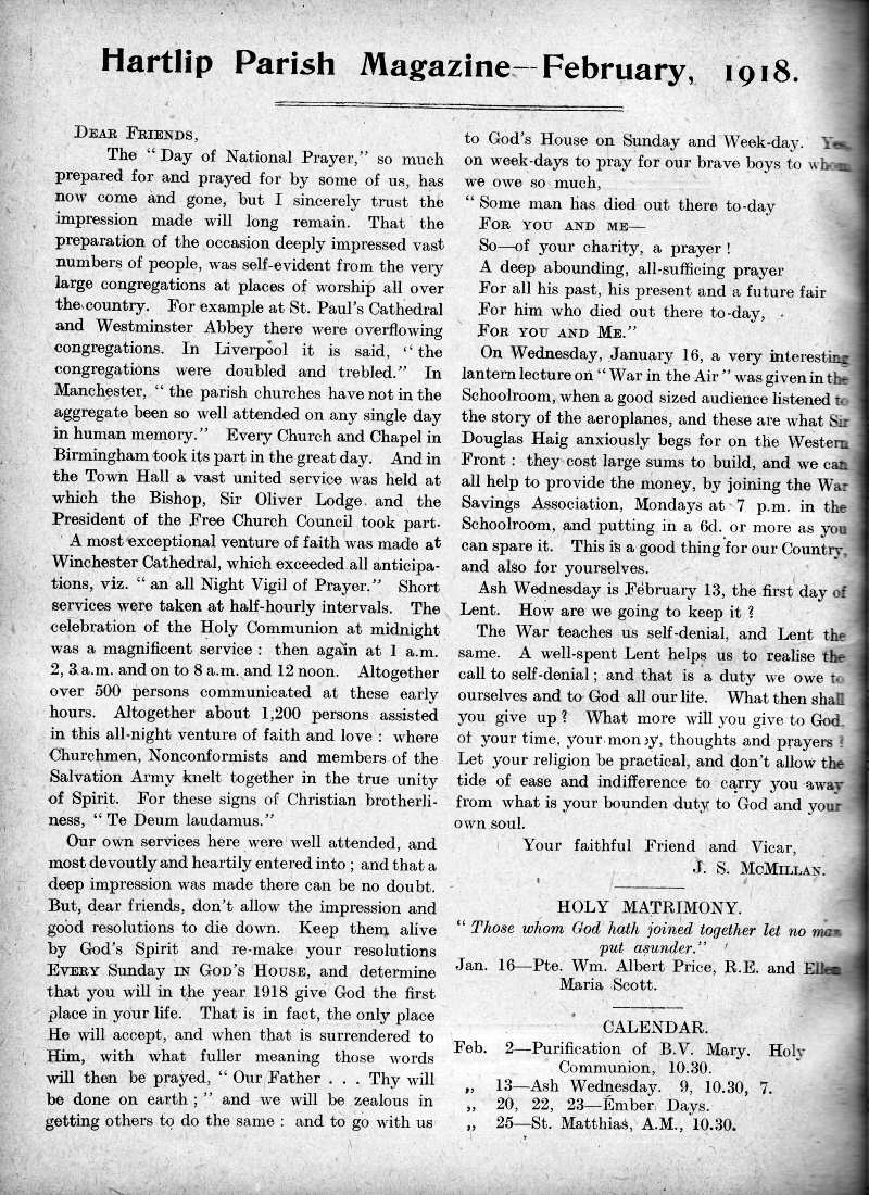 Parish Magazine page number 2 for Feb 1918