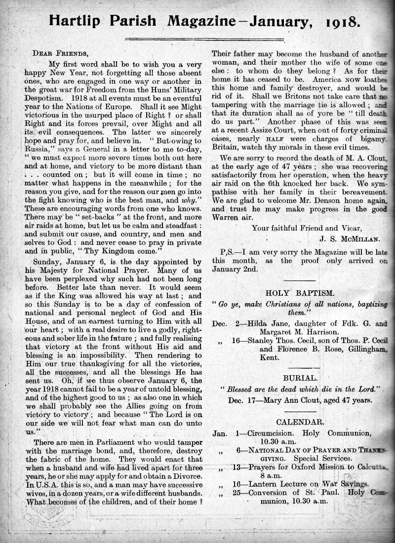Parish Magazine page number 2 for Jan 1918
