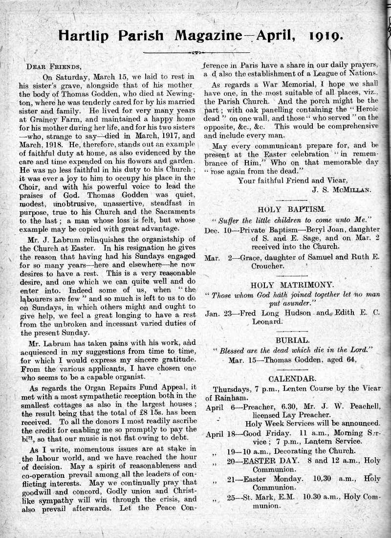 Parish Magazine page number 2 for Apr 1919
