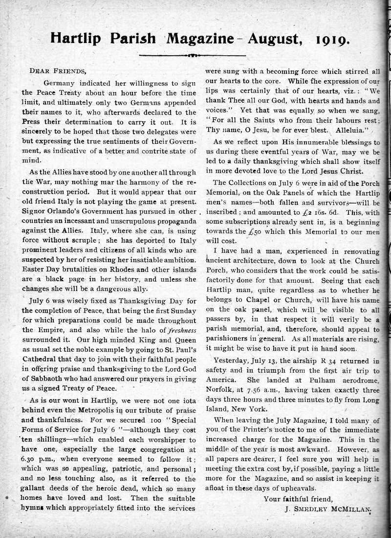 Parish Magazine page number 2 for Aug 1919