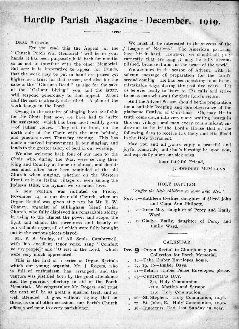 Parish Magazine page number 2 for Dec 1919