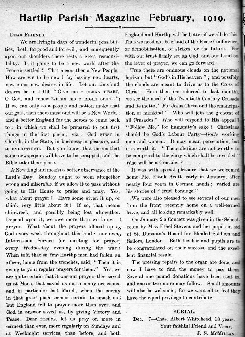 Parish Magazine page number 2 for Feb 1919