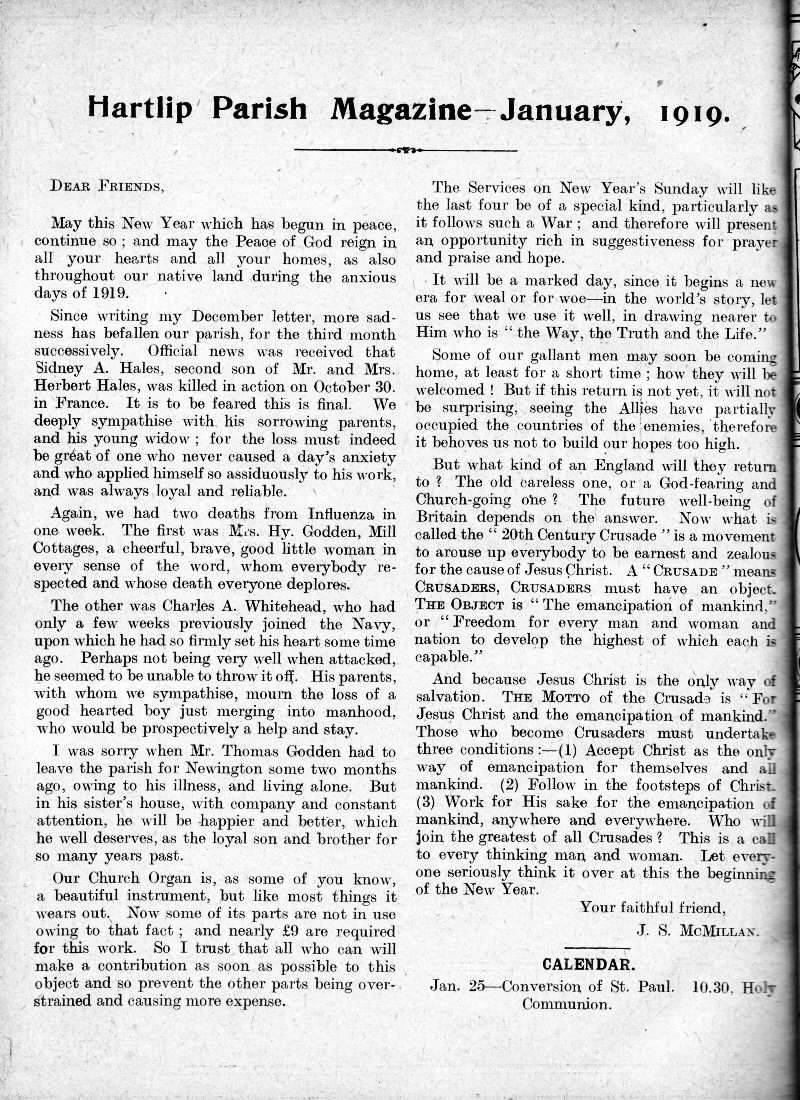 Parish Magazine page number 2 for Jan 1919