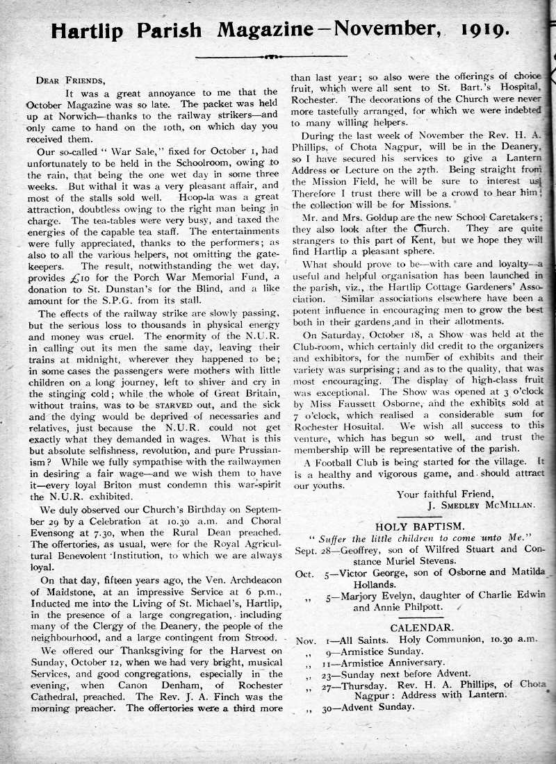 Parish Magazine page number 2 for Nov 1919