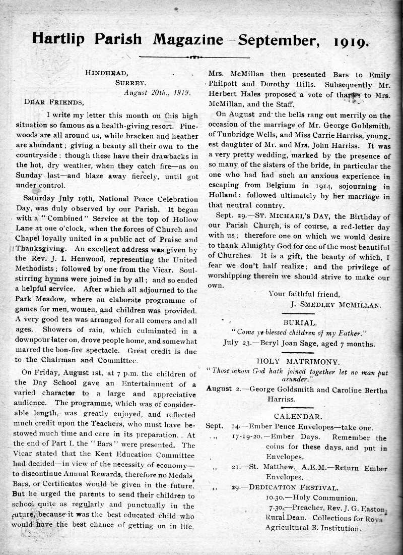 Parish Magazine page number 2 for Sep 1919