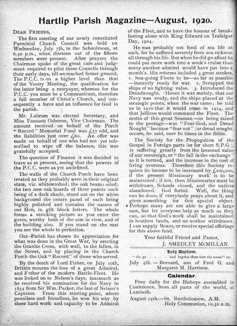 Parish Magazine page number 2 for Aug 1920