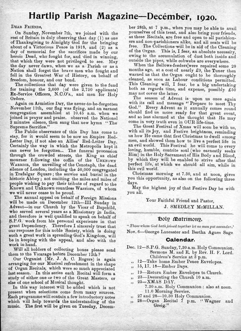 Parish Magazine page number 2 for Dec 1920