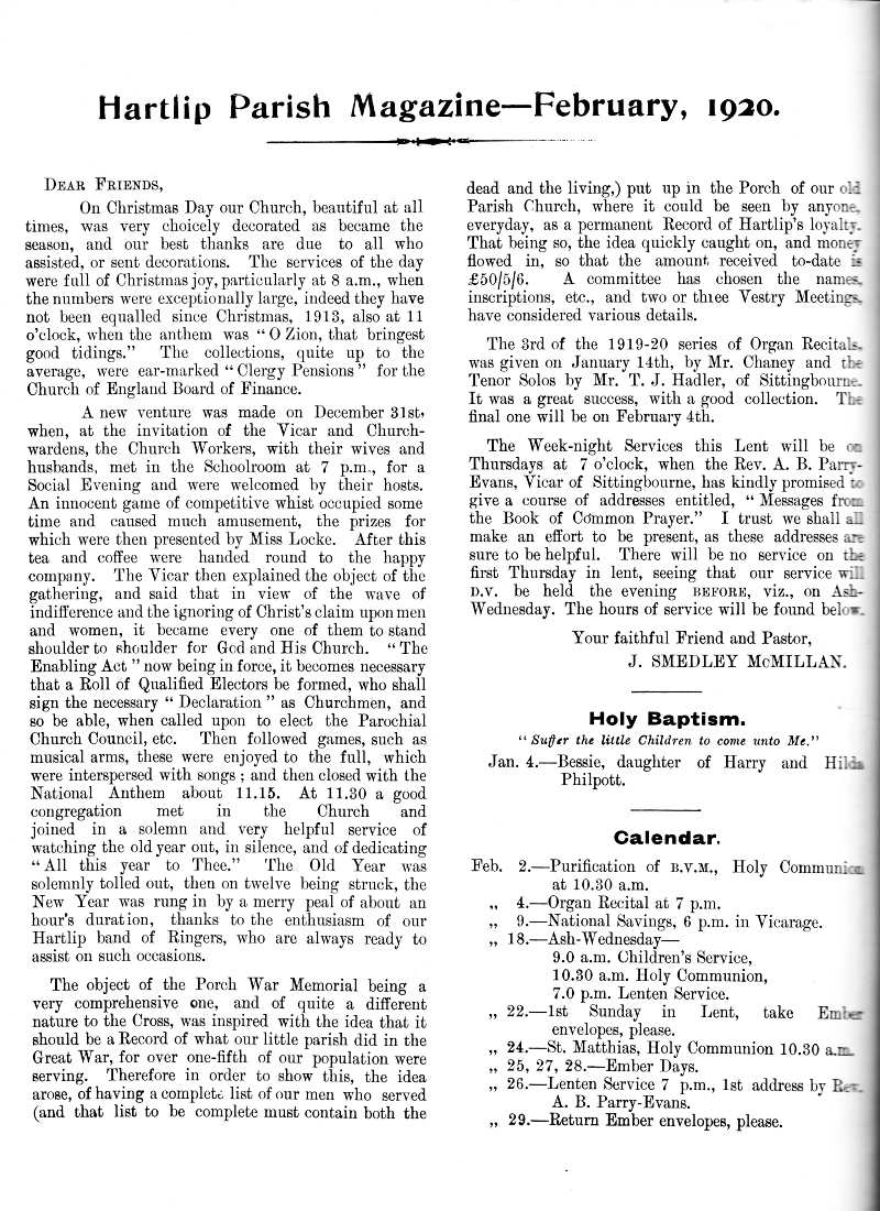 Parish Magazine page number 2 for Feb 1920