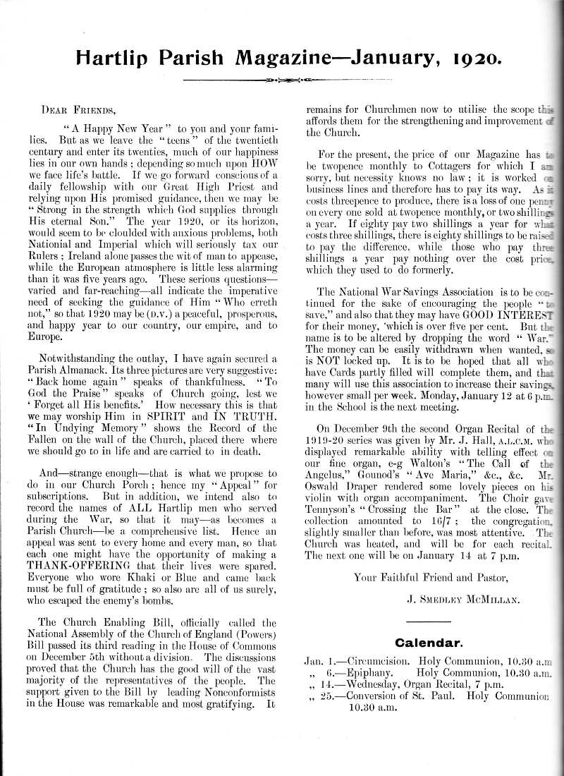 Parish Magazine page number 2 for Jan 1920