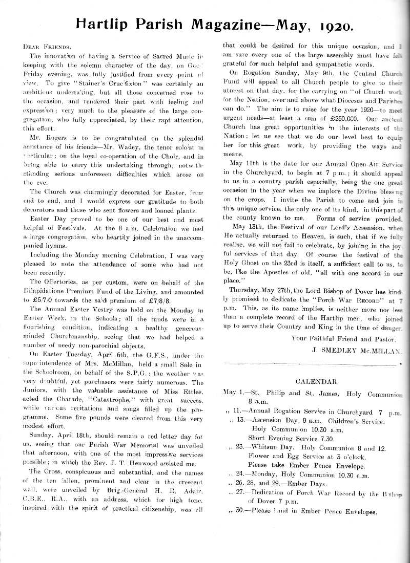 Parish Magazine page number 2 for May 1920