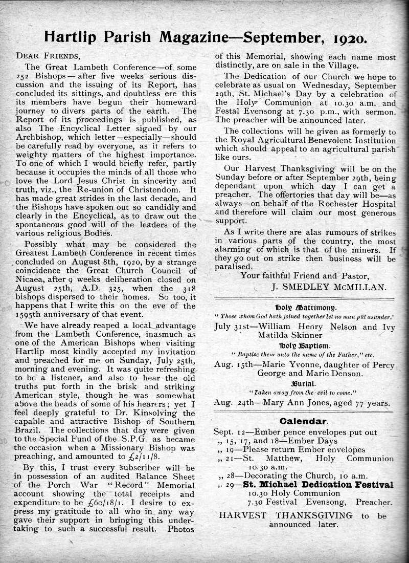 Parish Magazine page number 2 for Sep 1920