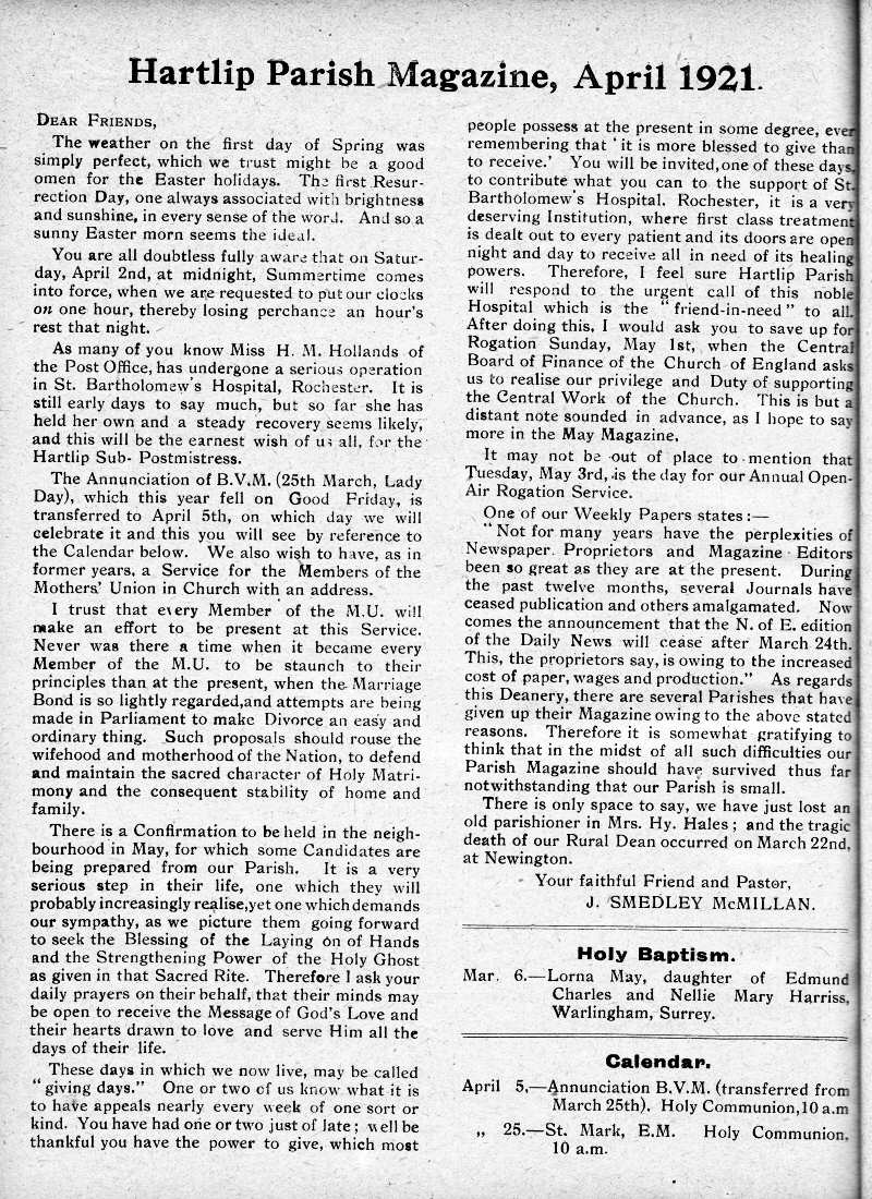 Parish Magazine page number 2 for Apr 1921