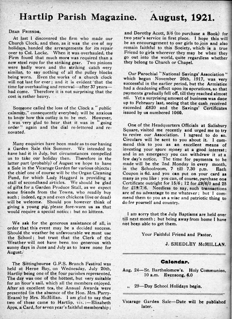 Parish Magazine page number 2 for Aug 1921