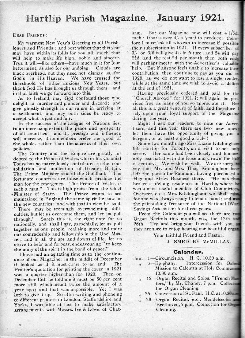 Parish Magazine page number 2 for Jan 1921