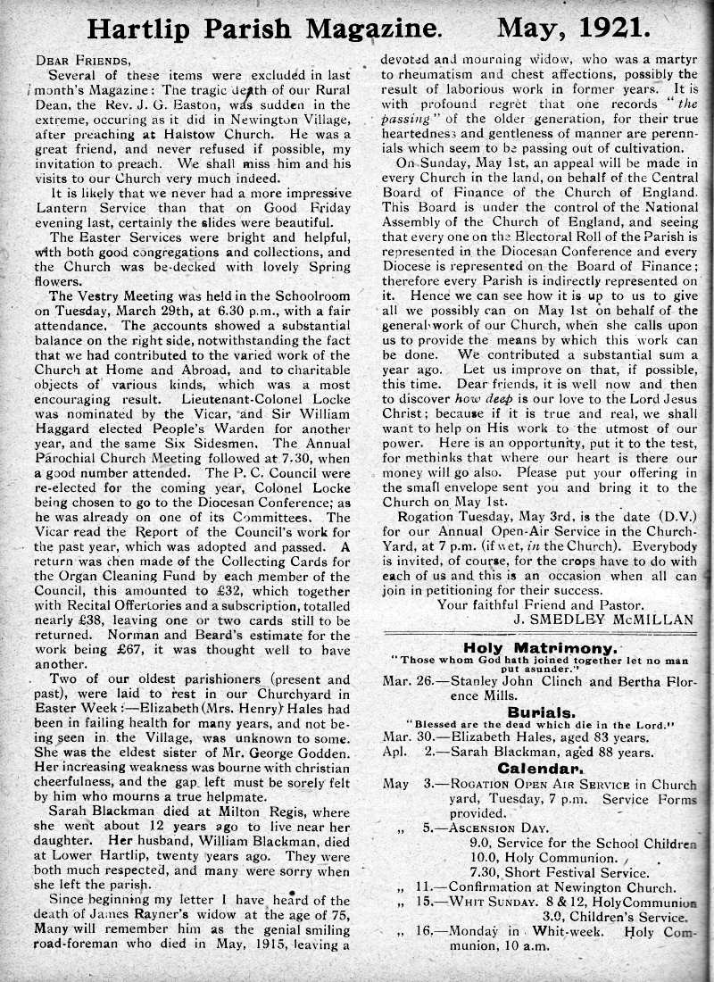 Parish Magazine page number 2 for May 1921