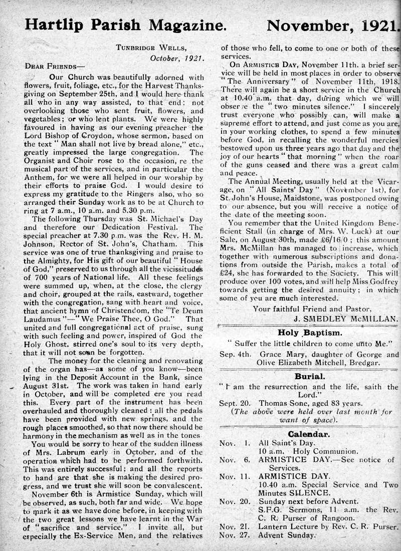 Parish Magazine page number 2 for Nov 1921