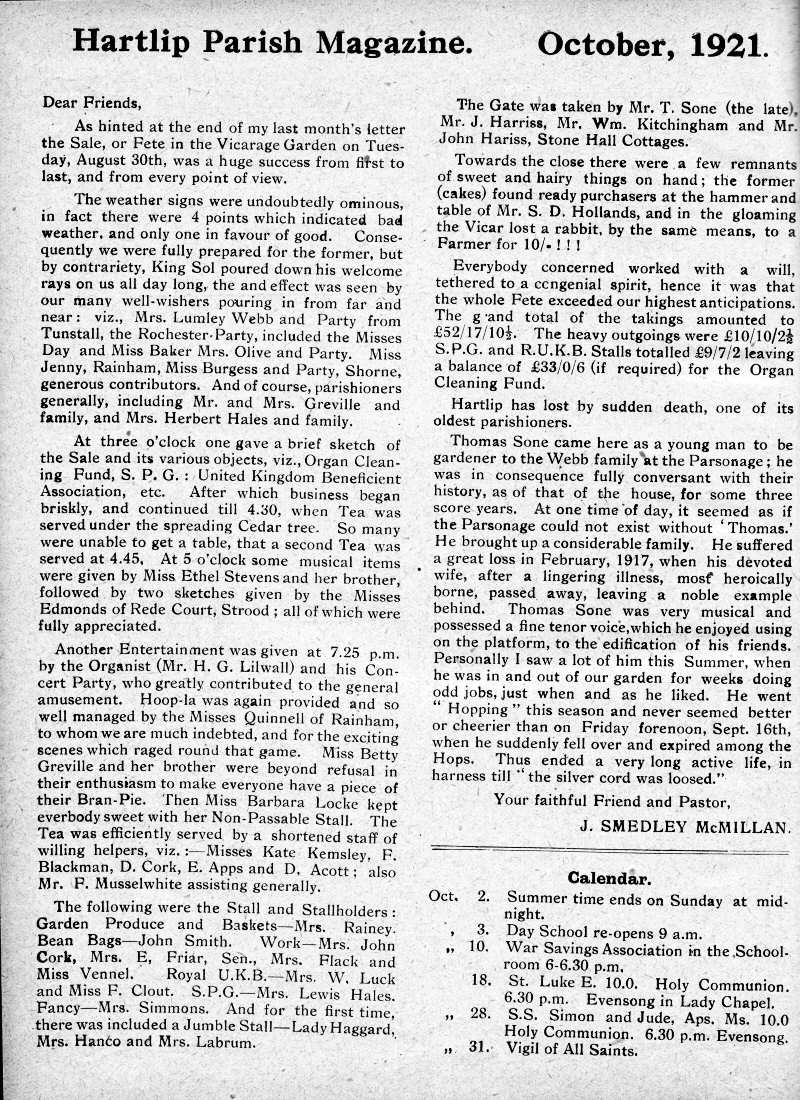 Parish Magazine page number 2 for Oct 1921