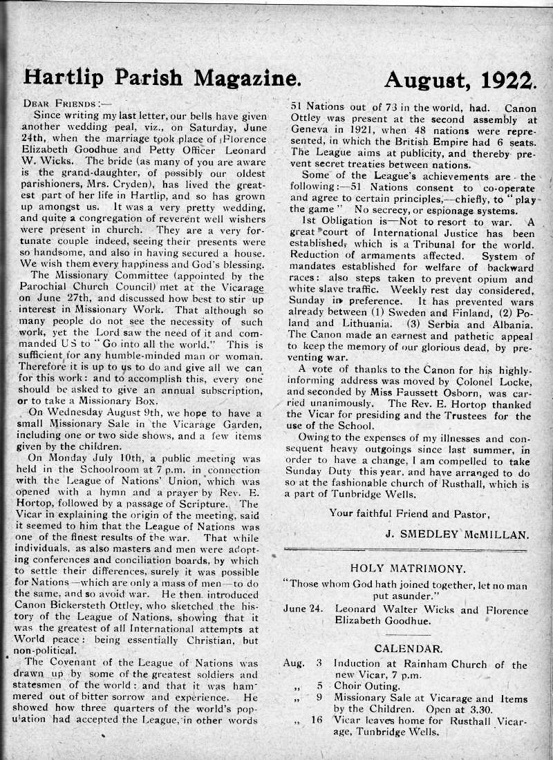 Parish Magazine page number 2 for Aug 1922