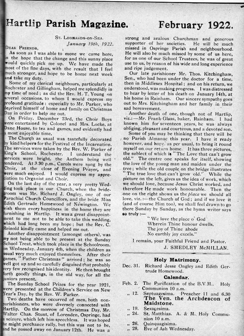 Parish Magazine page number 2 for Feb 1922