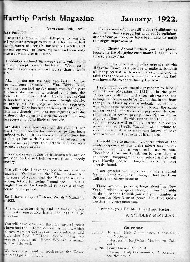 Parish Magazine page number 2 for Jan 1922