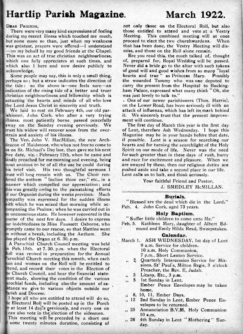 Parish Magazine page number 2 for Mar 1922