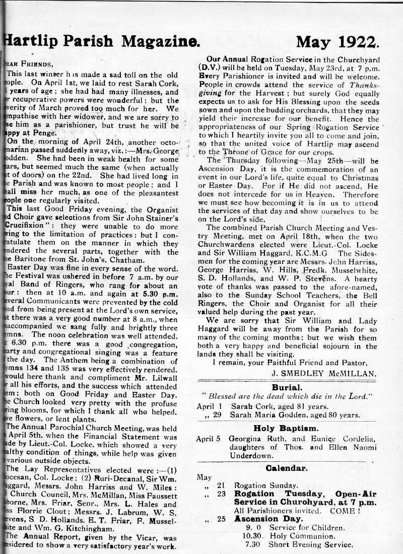 Parish Magazine page number 2 for May 1922