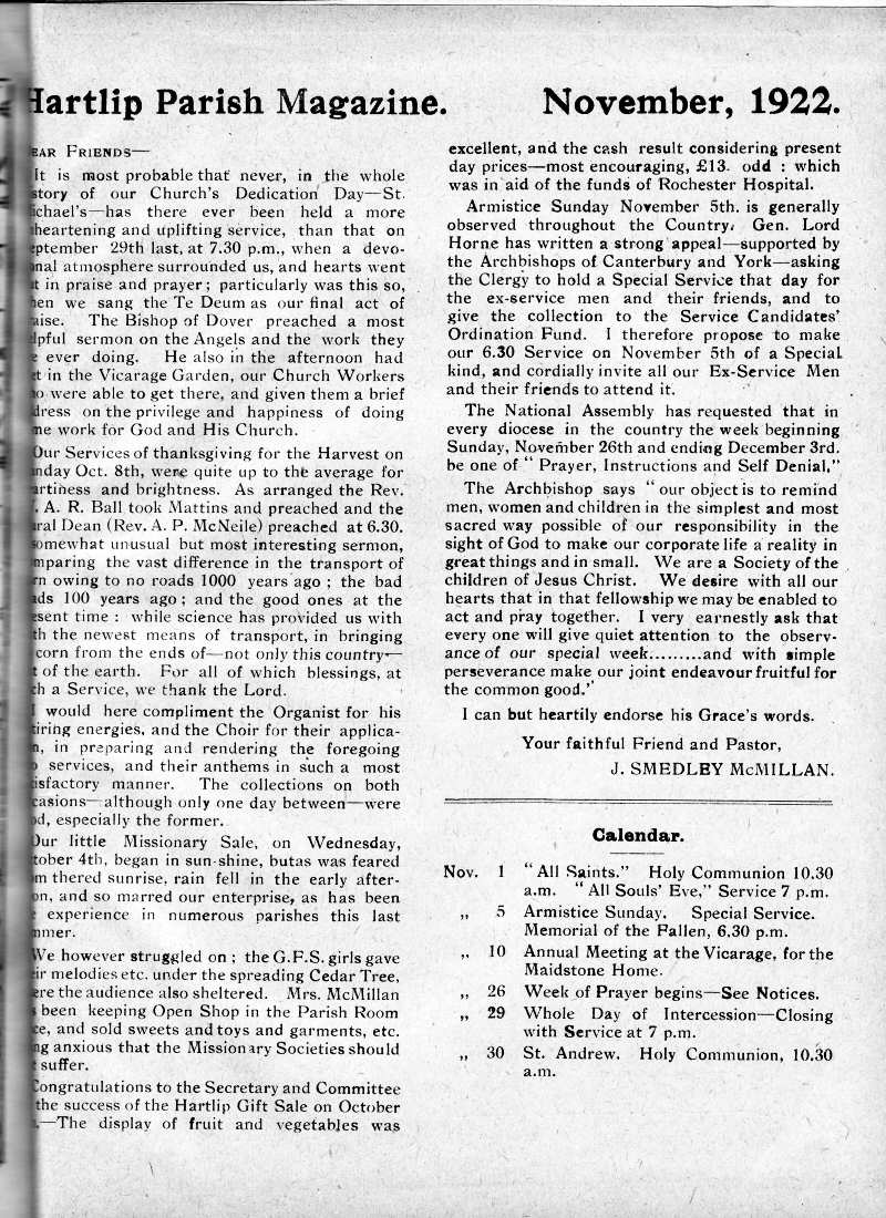 Parish Magazine page number 2 for Nov 1922