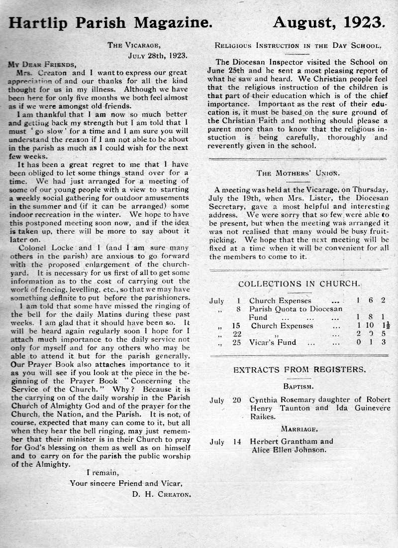 Parish Magazine page number 2 for Aug 1923