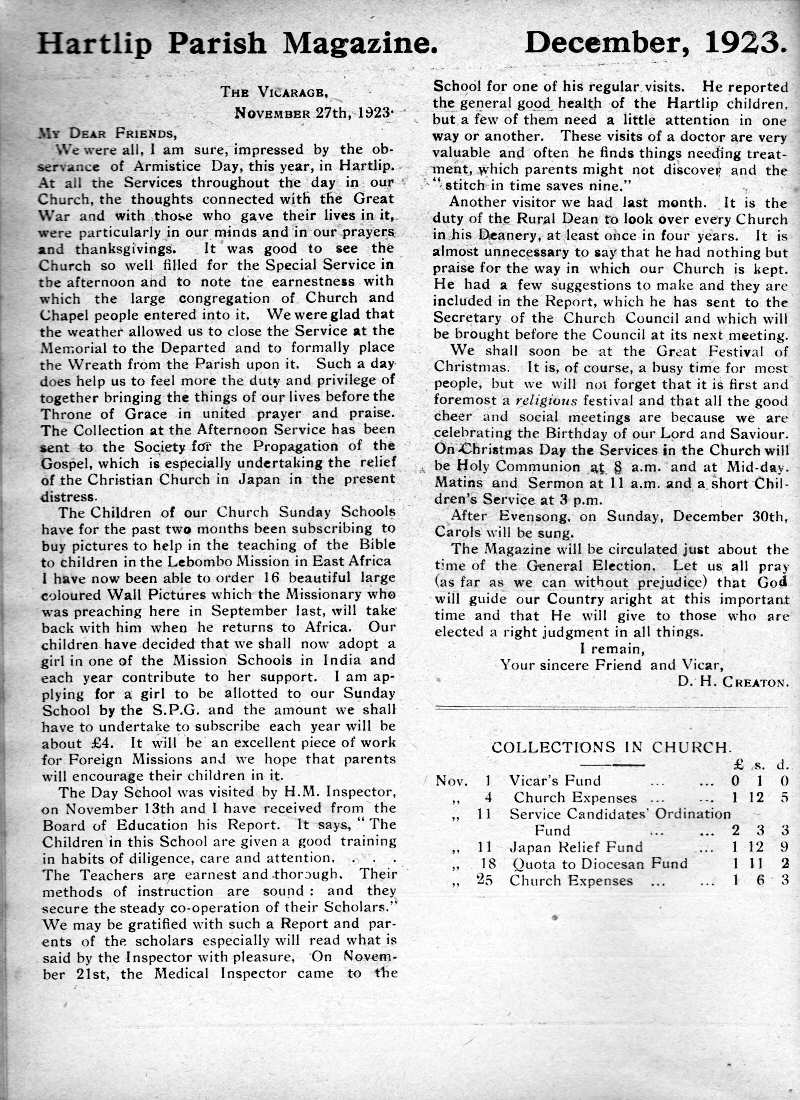 Parish Magazine page number 2 for Dec 1923