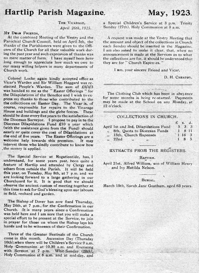 Parish Magazine page number 2 for May 1923