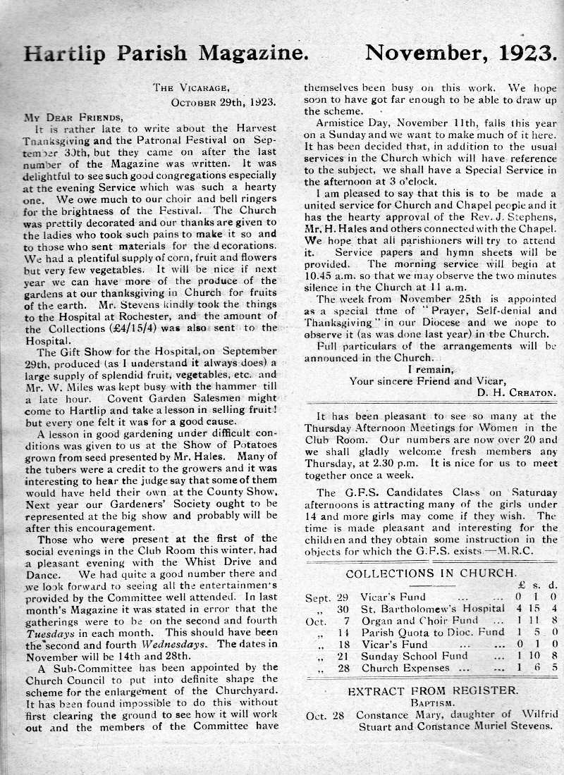 Parish Magazine page number 2 for Nov 1923