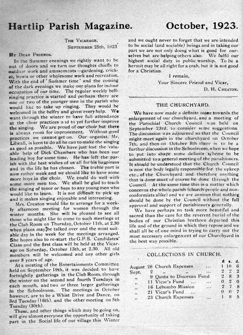 Parish Magazine page number 2 for Oct 1923