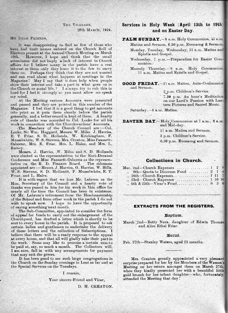 Parish Magazine page number 2 for Apr 1924