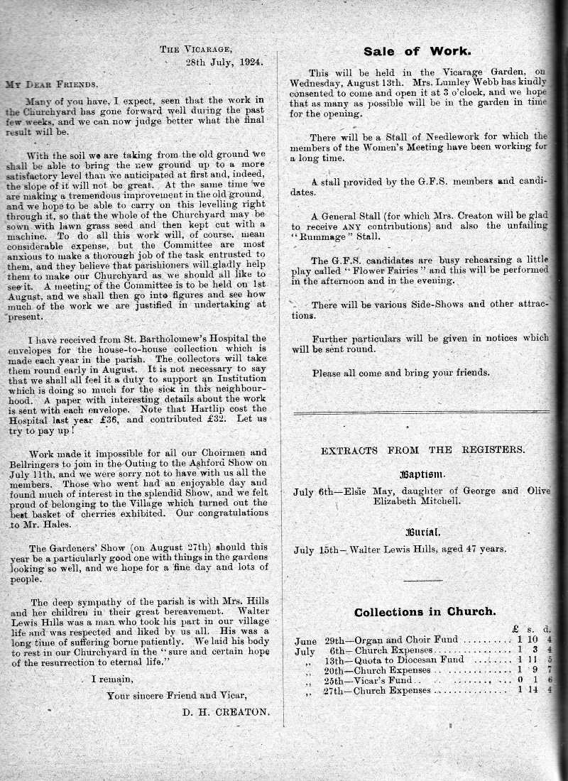 Parish Magazine page number 2 for Aug 1924