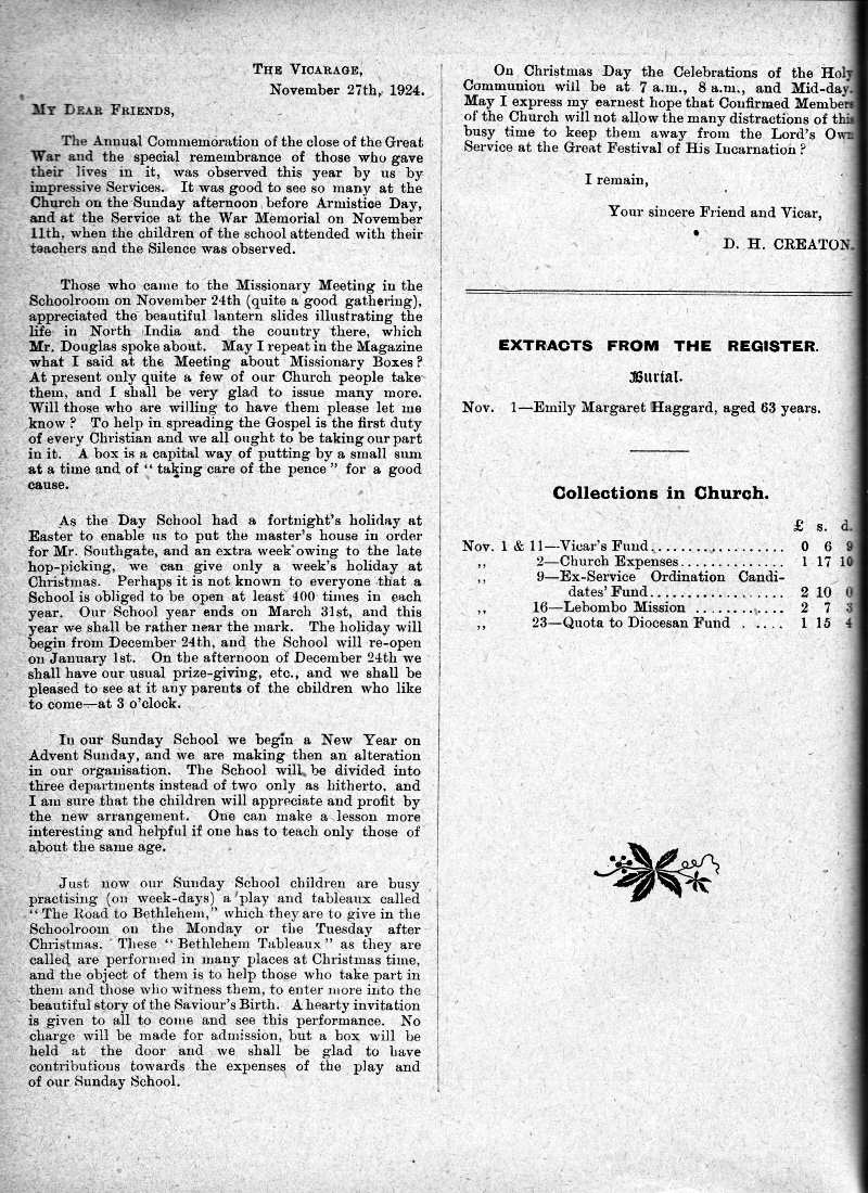 Parish Magazine page number 2 for Dec 1924