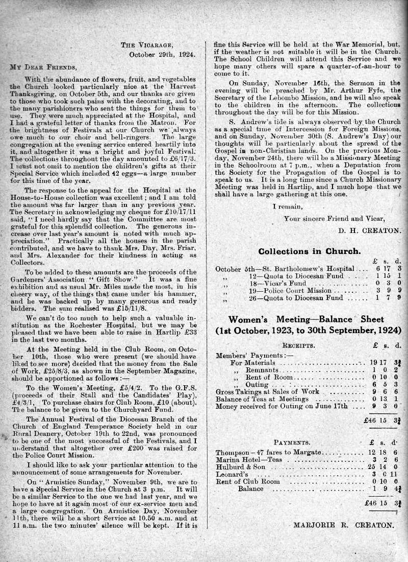 Parish Magazine page number 2 for Nov 1924