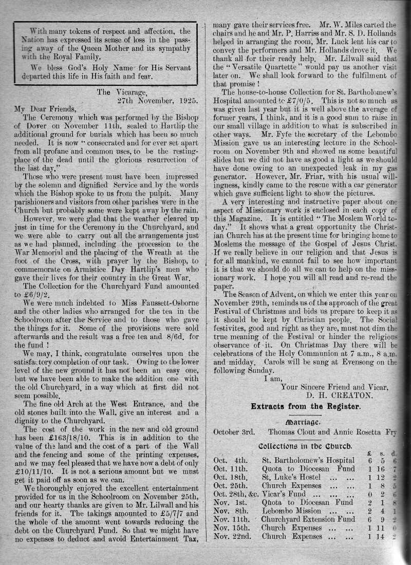 Parish Magazine page number 2 for Dec 1925