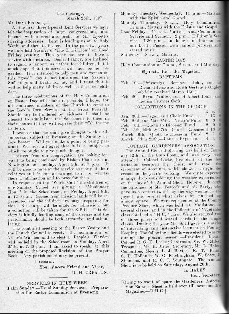 Parish Magazine page number 2 for Apr 1927