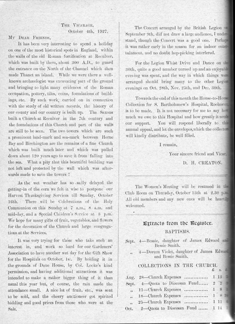 Parish Magazine page number 2 for Oct 1927